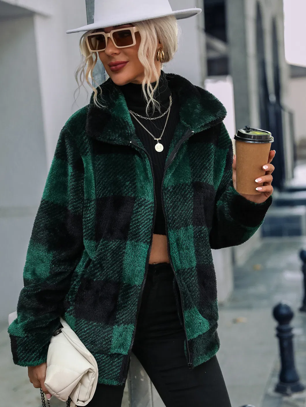 Autumn and Winter Lady Long Sleeve Standing Collar Cardigan Women&prime;s Plaid Regular Long Plush Zipper Two Side Brushed Fleece Coat