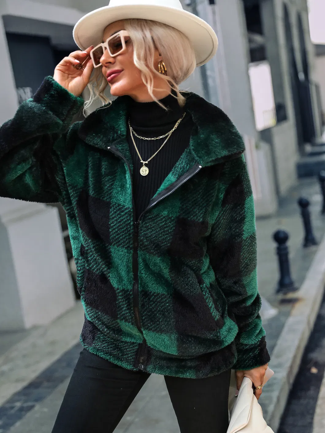 Autumn and Winter Lady Long Sleeve Standing Collar Cardigan Women&prime;s Plaid Regular Long Plush Zipper Two Side Brushed Fleece Coat